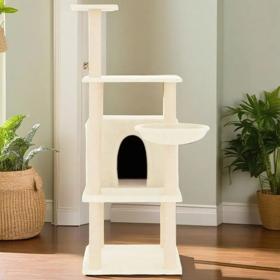 1.3 Metre Beige Cat Tree with Plush Condo, Basket & Perches
