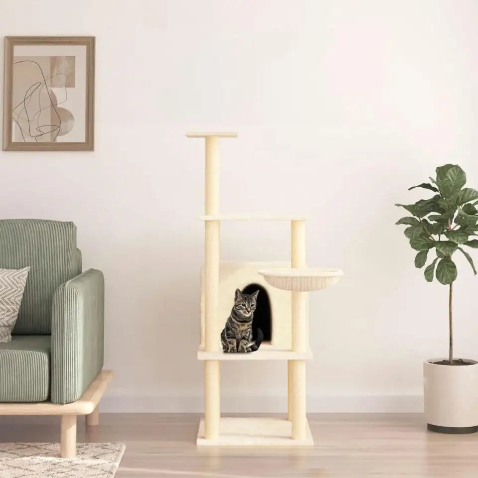 1.3 Metre Beige Cat Tree with Plush Condo, Basket & Perches