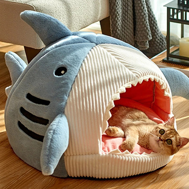 Cute Shark Semi-Enclosed Pet Bed for Small Dogs & Cats