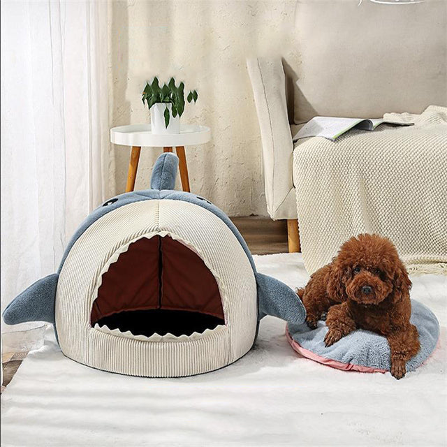 Cute Shark Semi-Enclosed Pet Bed for Small Dogs & Cats