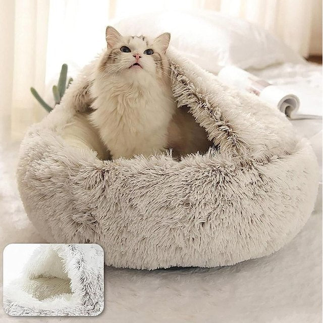 Furry Plush Cat Bed Nest Snuggle Cave