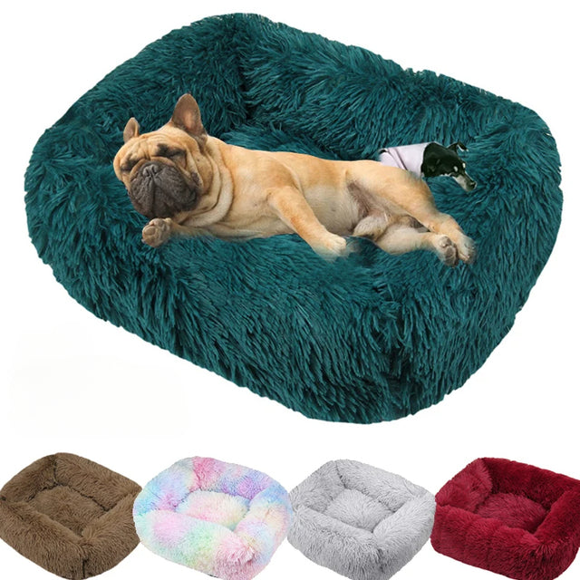 Square Furry Plush Calming Dog Bed with Washable Cover