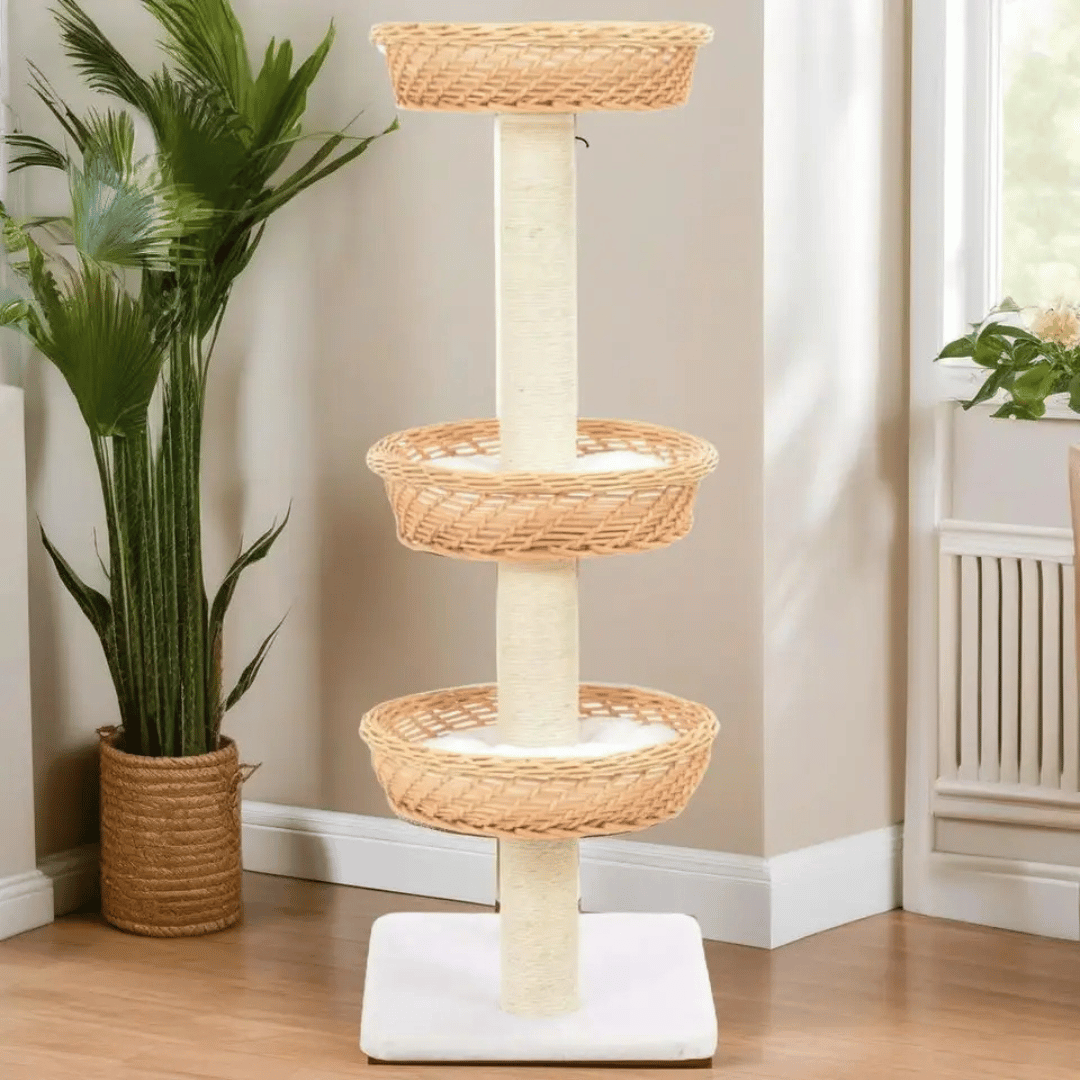 Aesthetic Cat Tree with Wicker Basket Perches & Sisal Scratching Posts