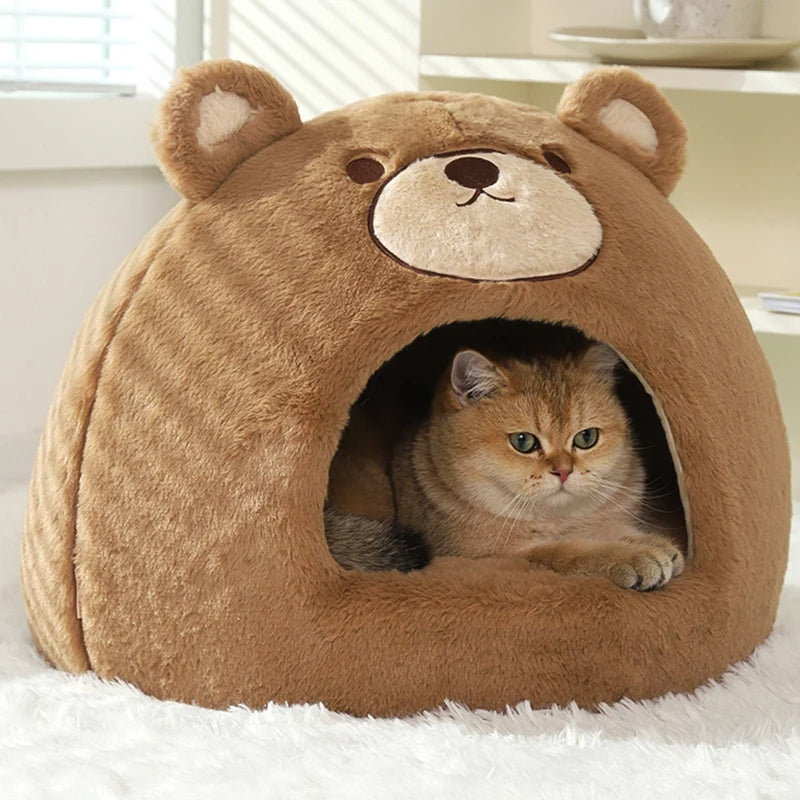 Cute Bear Semi-Enclosed Cat Bed House