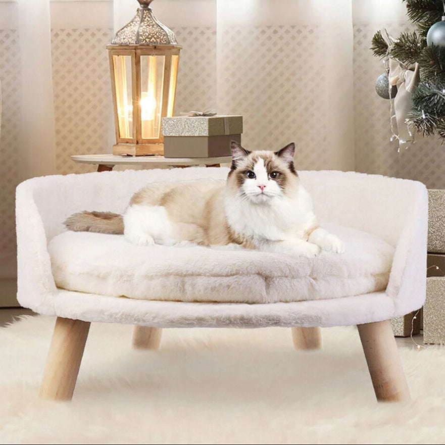 Elevated Round Plush Pet Bed Chair for Cats & Small Dogs