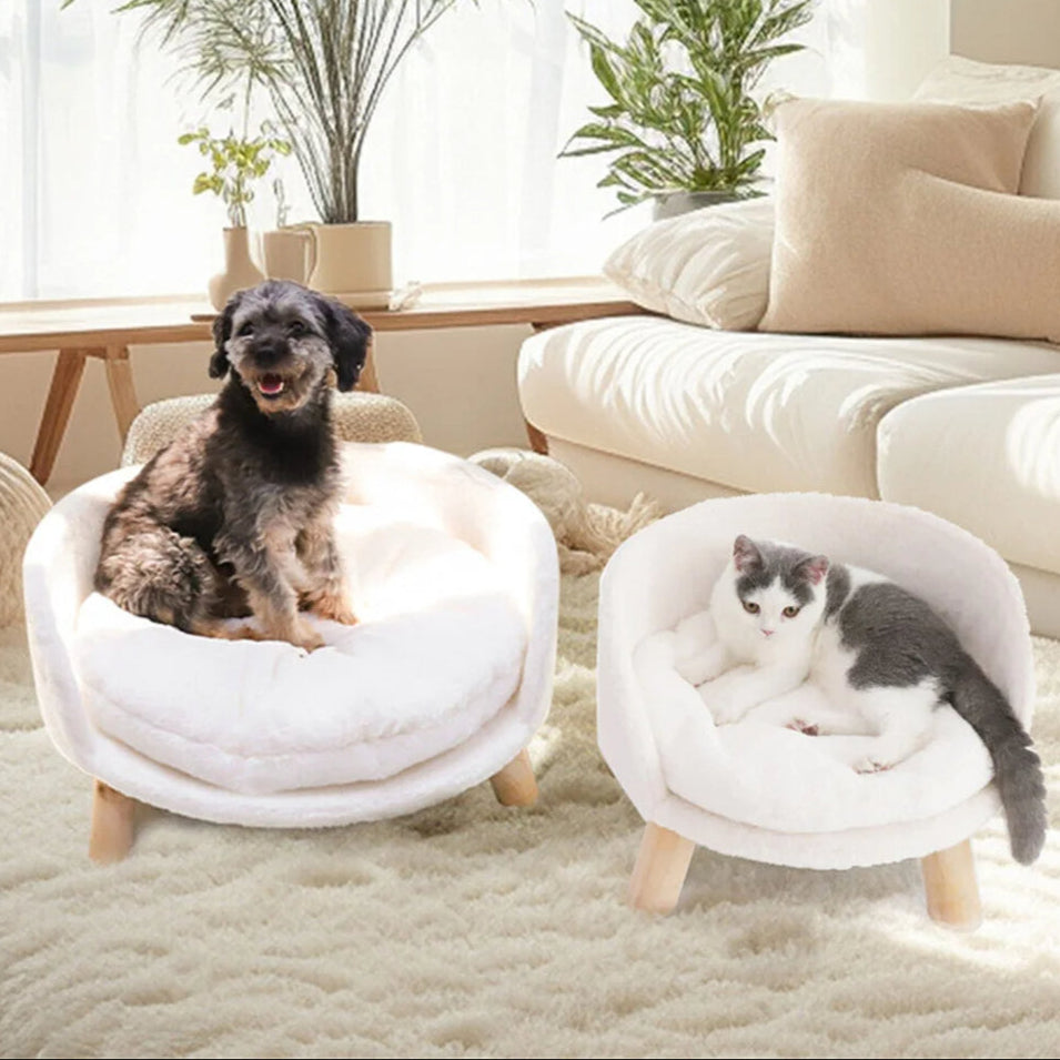 Elevated Round Plush Pet Bed Chair for Cats & Small Dogs