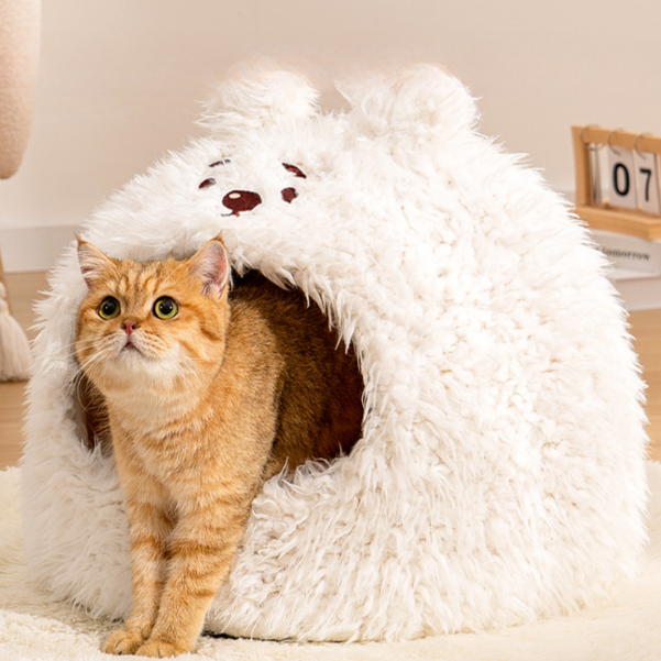 Fluffy Bear Cat Bed House