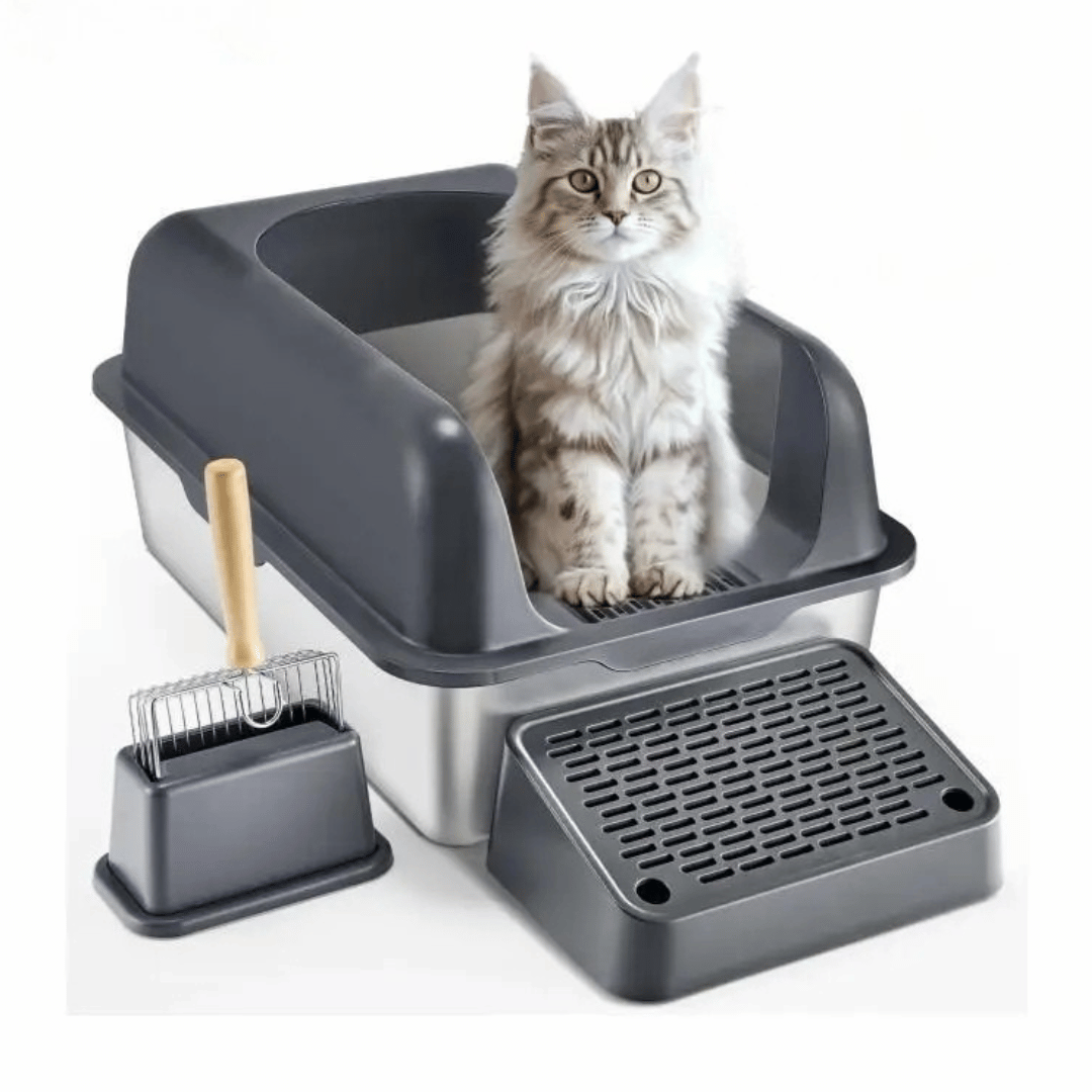 High Wall Cat Litter Box with Stainless Steel Tray & Clever Step | Scoop Included