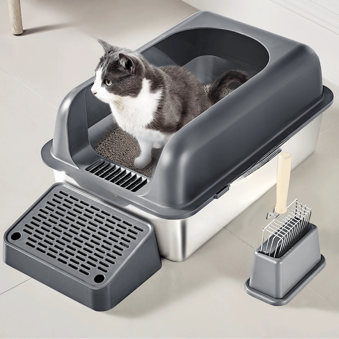 High Wall Cat Litter Box with Stainless Steel Tray & Clever Step | Scoop Included