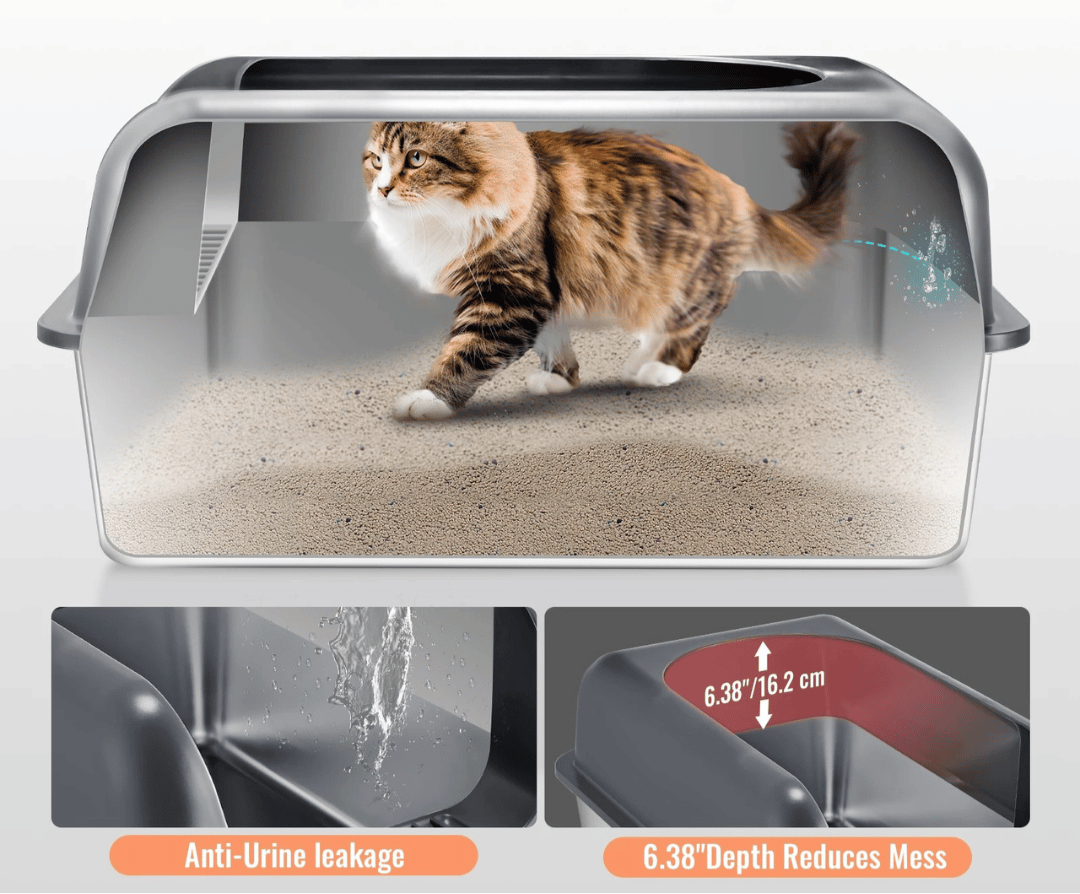 High Wall Cat Litter Box with Stainless Steel Tray & Clever Step | Scoop Included