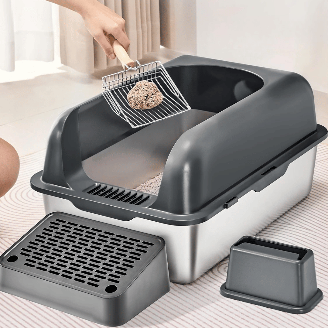 High Wall Cat Litter Box with Stainless Steel Tray & Clever Step | Scoop Included