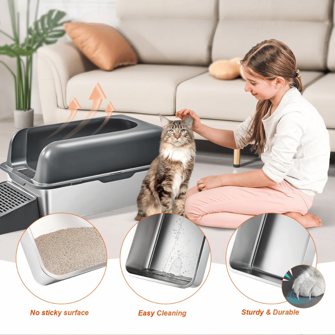 High Wall Cat Litter Box with Stainless Steel Tray & Clever Step | Scoop Included