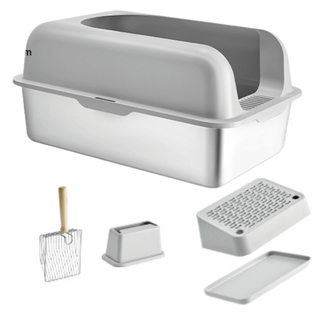 High Wall Cat Litter Box with Stainless Steel Tray & Clever Step | Scoop Included