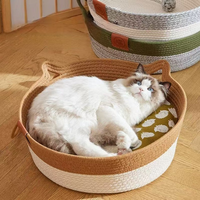 Japanese-style Wicker Cat Bed Basket & Cushion