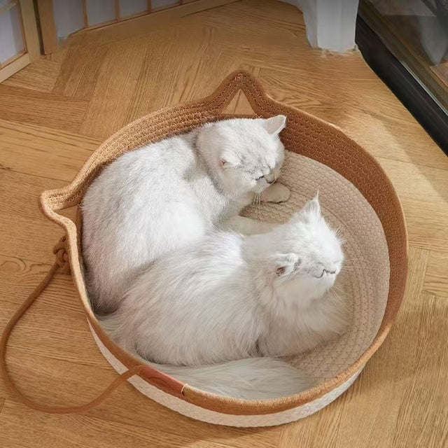 Japanese-style Wicker Cat Bed Basket & Cushion