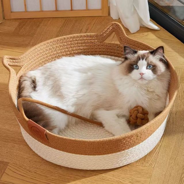 Japanese-style Wicker Cat Bed Basket & Cushion