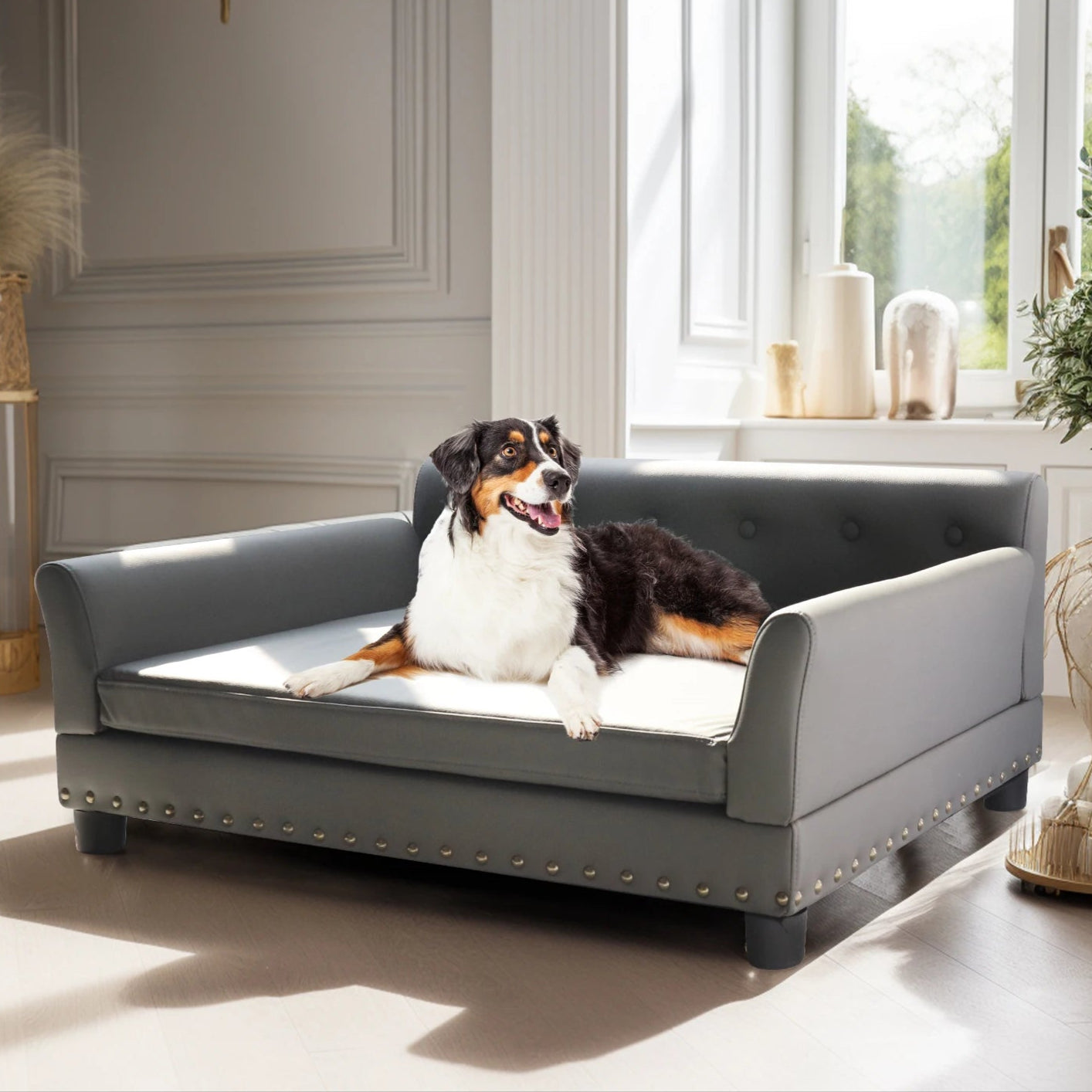 Luxury Faux Leather Dog Sofa Bed for Large & XL Dogs