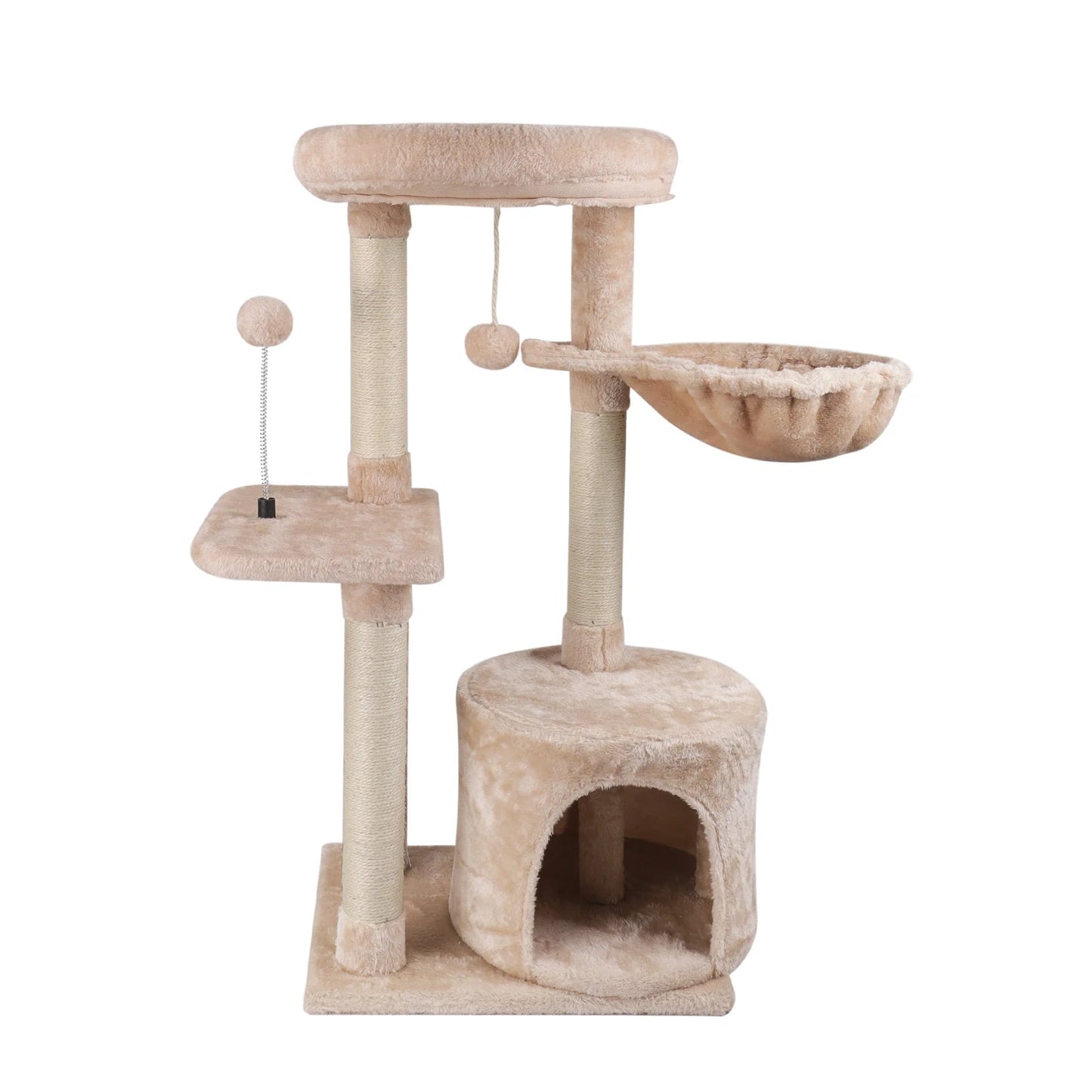 Plush Beige Cat Tree with Bolstered Perch, Condo & Basket