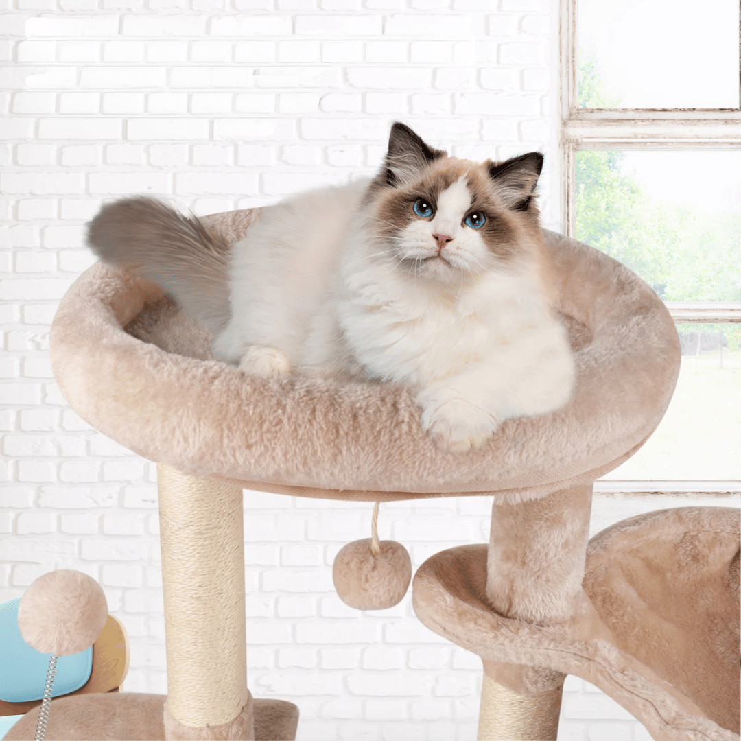 Plush Beige Cat Tree with Bolstered Perch, Condo & Basket