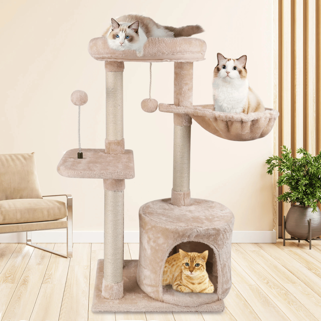 Plush Beige Cat Tree with Bolstered Perch, Condo & Basket