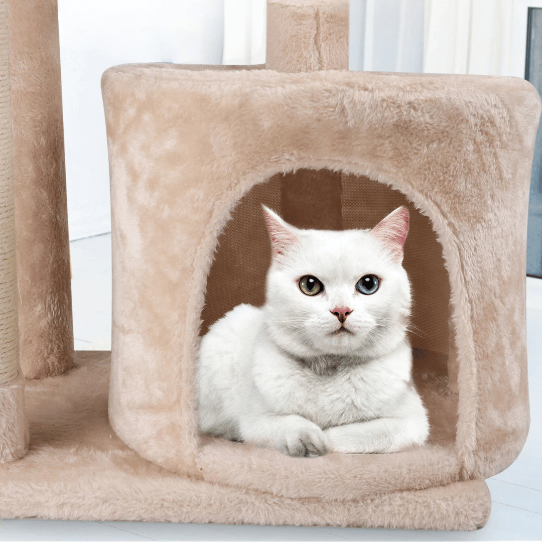 Plush Beige Cat Tree with Bolstered Perch, Condo & Basket