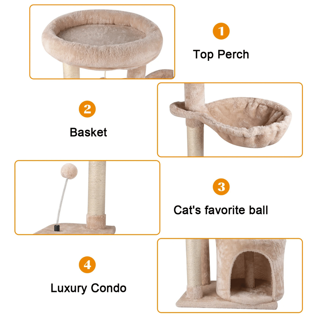 Plush Beige Cat Tree with Bolstered Perch, Condo & Basket