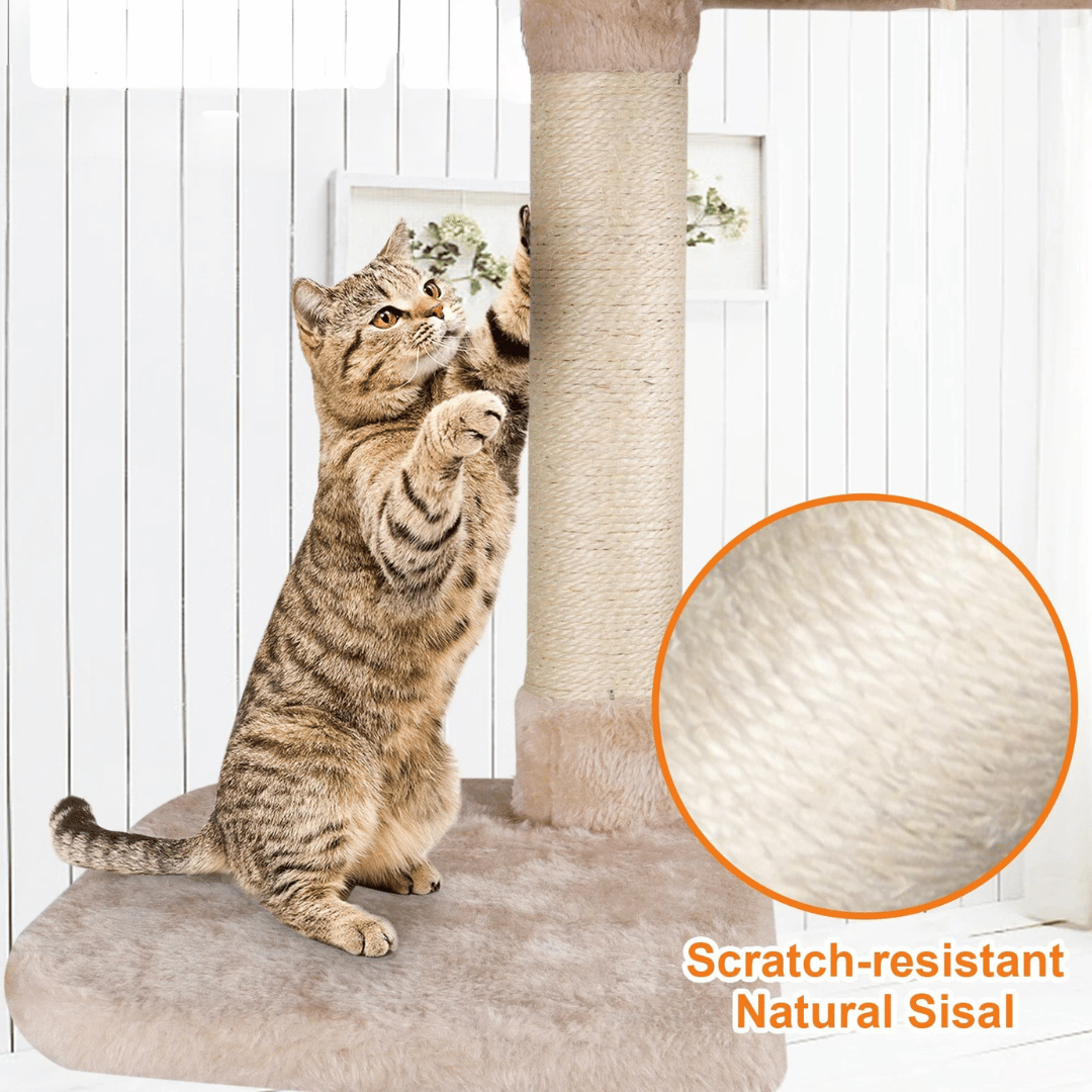 Plush Beige Cat Tree with Bolstered Perch, Condo & Basket