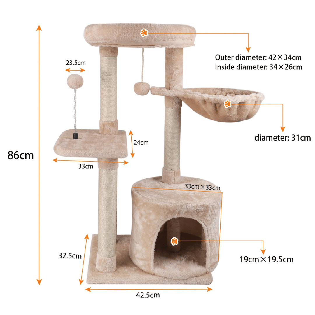 Plush Beige Cat Tree with Bolstered Perch, Condo & Basket