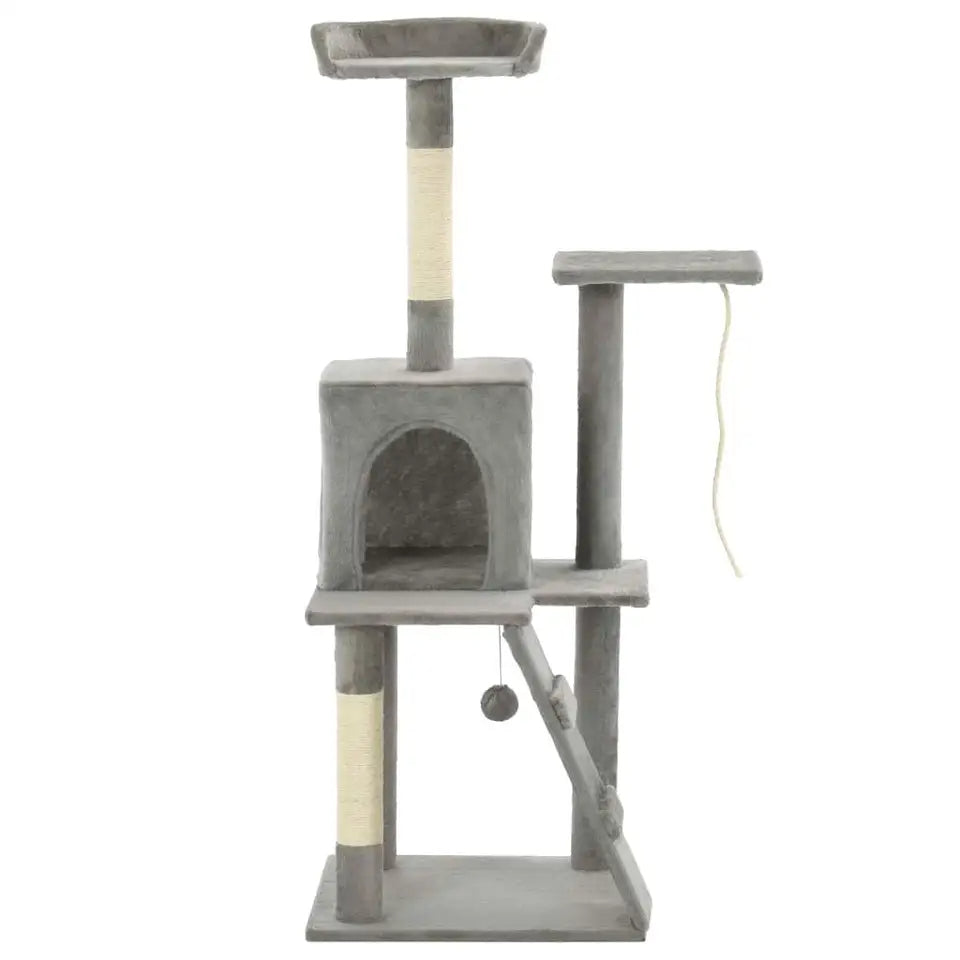Plush Grey Cat Tree Tower with Condo, Ramp & Perches