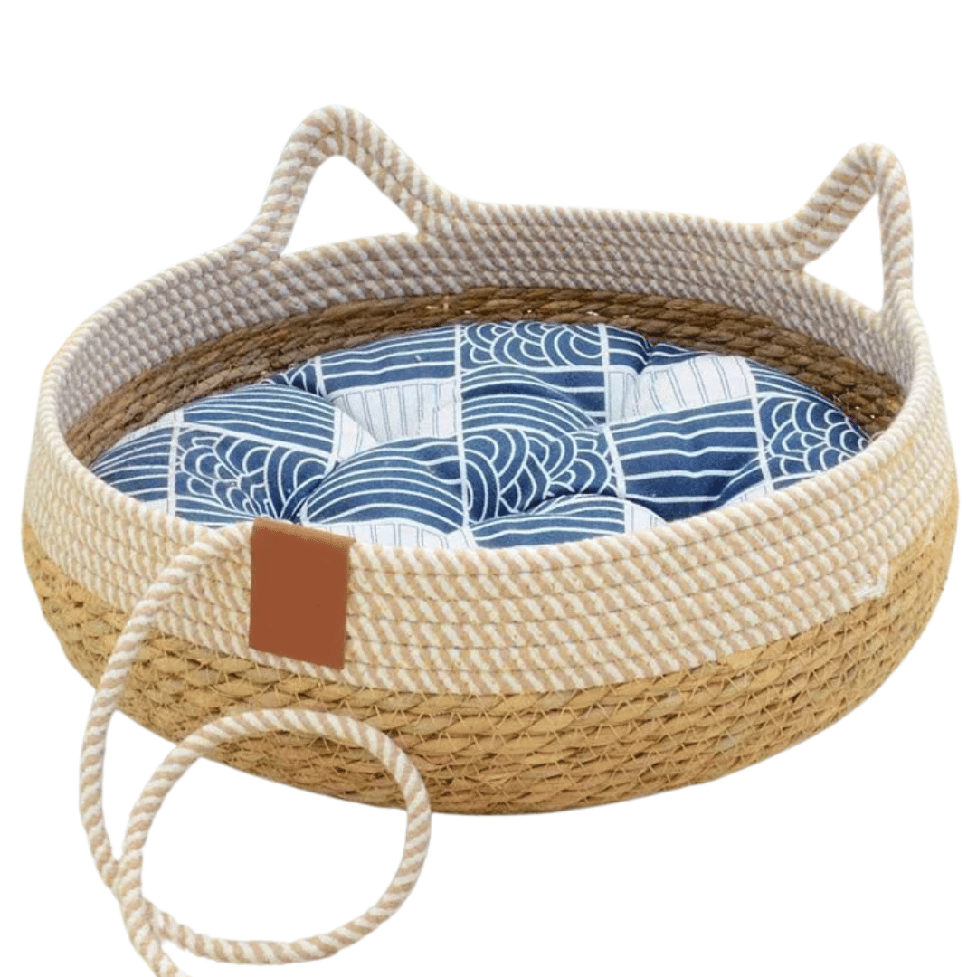Rattan Woven Cat Bed Basket & Cushion