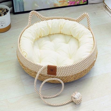 Rattan Woven Cat Bed Basket & Cushion