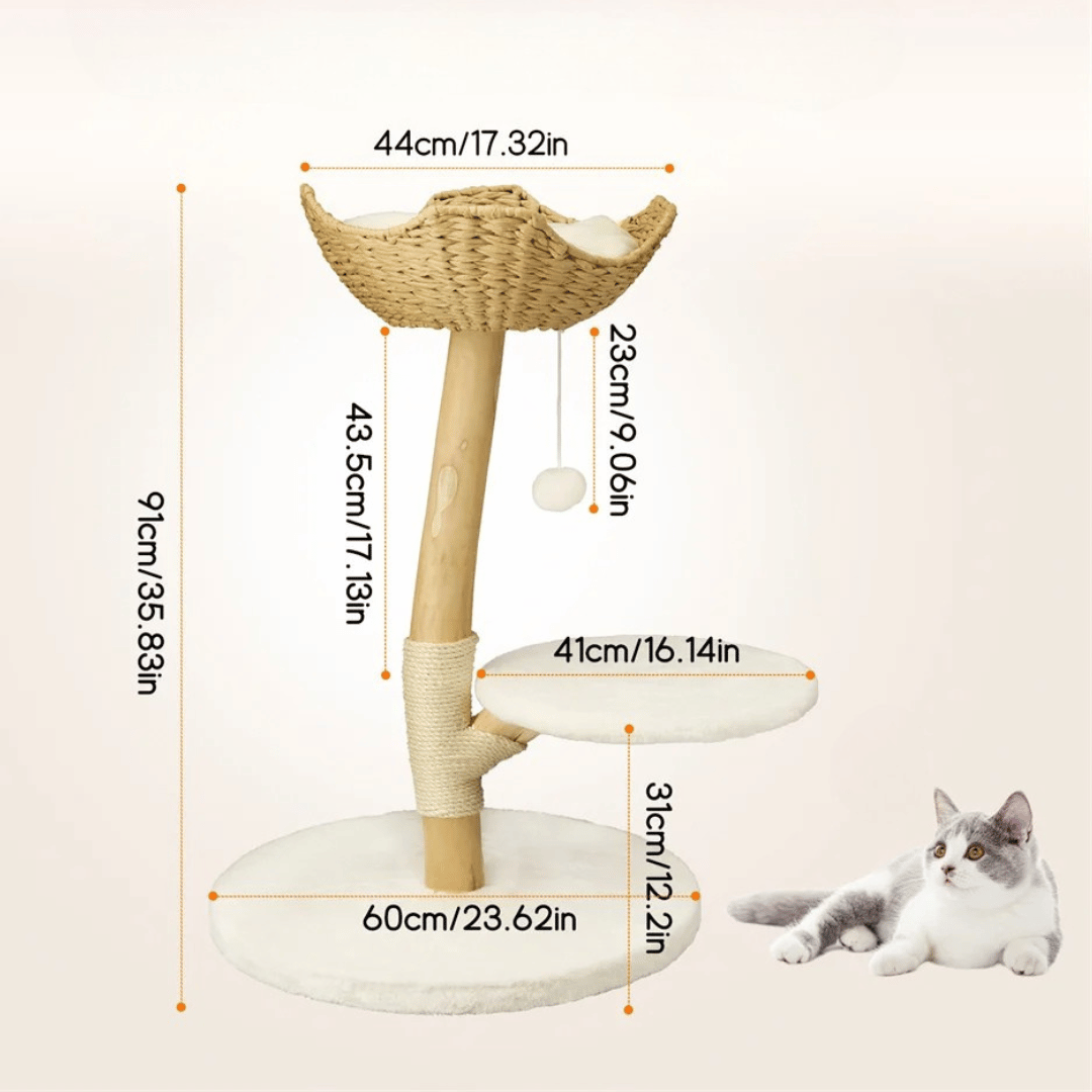 Solid Wood Cat Tree Tower with Stable Basket, Perch & Scratching Post