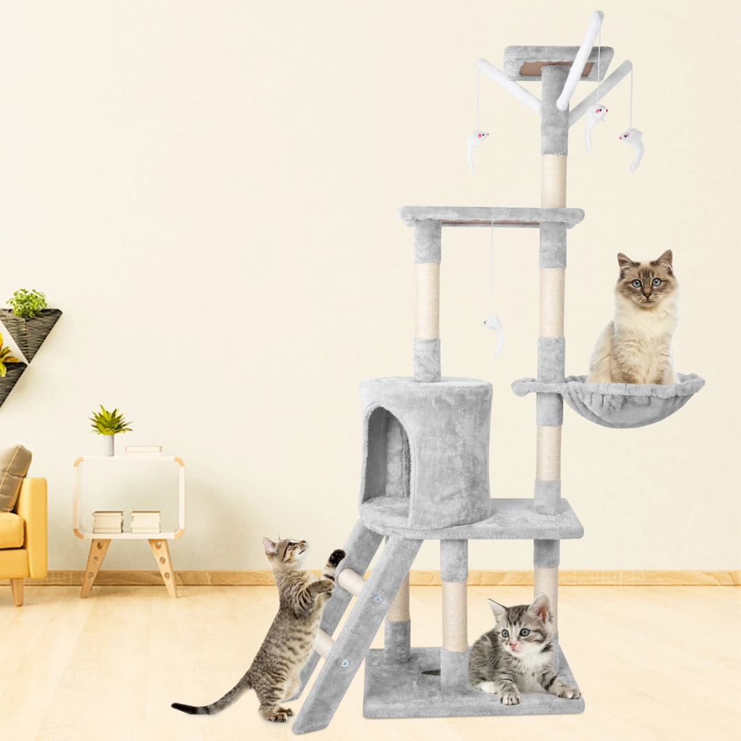 Sturdy Plush Cat Tree with Ladder & Condo, Basket & High Perches