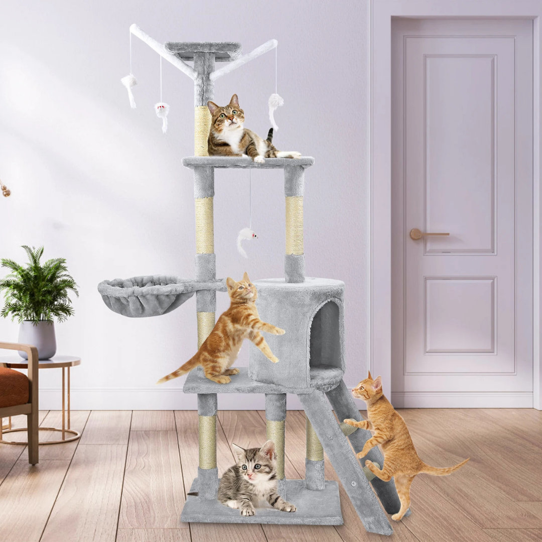 Sturdy Plush Cat Tree with Ladder & Condo, Basket & High Perches