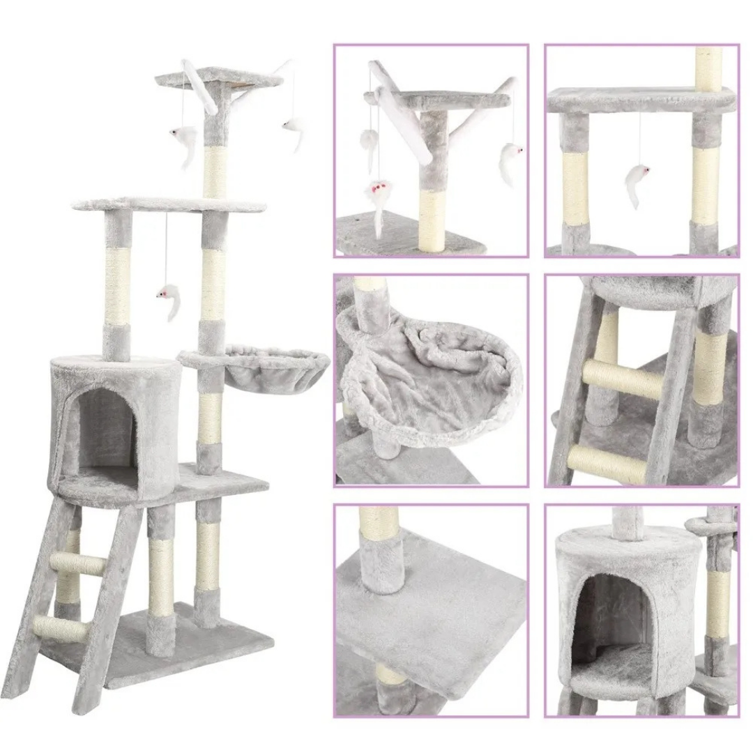 Sturdy Plush Cat Tree with Ladder & Condo, Basket & High Perches