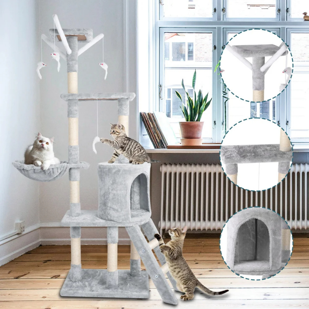 Sturdy Plush Cat Tree with Ladder & Condo, Basket & High Perches