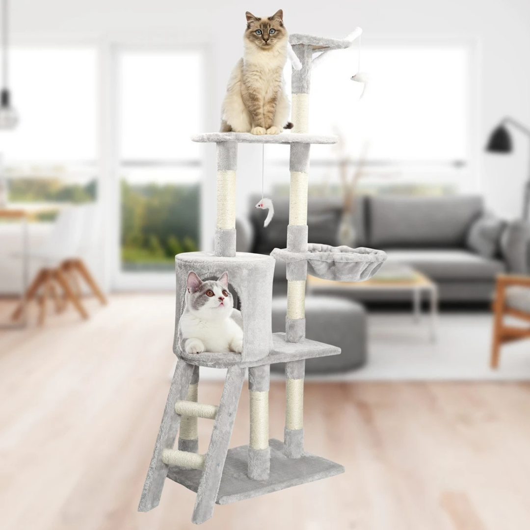 Sturdy Plush Cat Tree with Ladder & Condo, Basket & High Perches