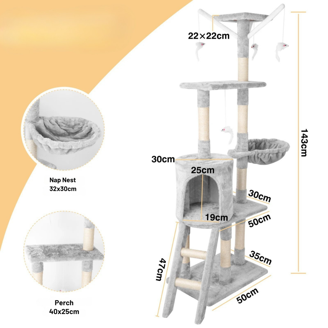 Sturdy Plush Cat Tree with Ladder & Condo, Basket & High Perches