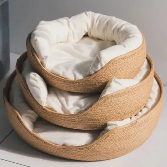 Woven Bamboo Pet Bed Basket & Cushion for Cats & Small Dogs