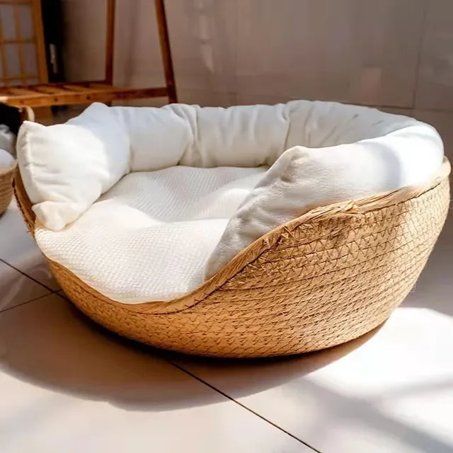 Woven Bamboo Pet Bed Basket & Cushion for Cats & Small Dogs