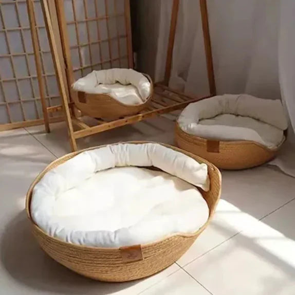 Woven Bamboo Pet Bed Basket & Cushion for Cats & Small Dogs