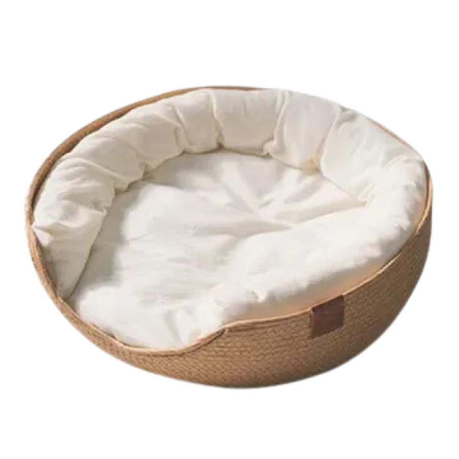 Woven Bamboo Pet Bed Basket & Cushion for Cats & Small Dogs